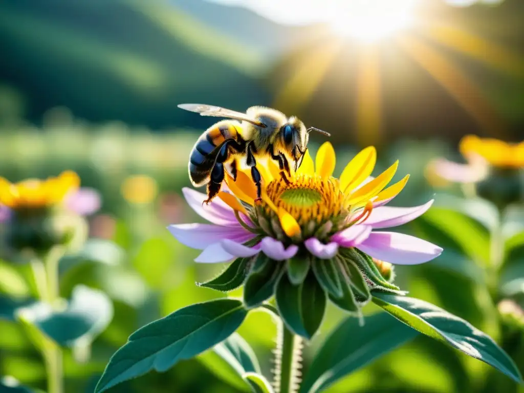 Un campo orgánico vibrante, flores coloridas, abeja polinizando una flor, luz cálida