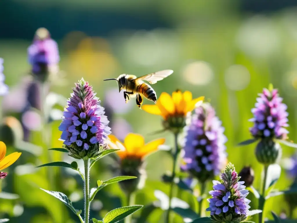 Campo soleado lleno de flores silvestres y polinizadores, destacando la importancia de técnicas agrícolas amigables polinizadores