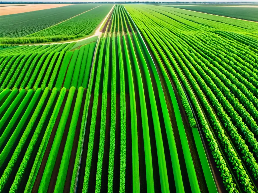 Un campo agrícola vibrante con cultivos verdes interminables, redes de riego detalladas y una plaga de langostas destructivas para la agricultura