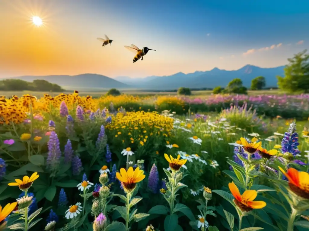 Un campo vibrante rebosante de flores silvestres, con abejas, mariposas y colibríes polinizando