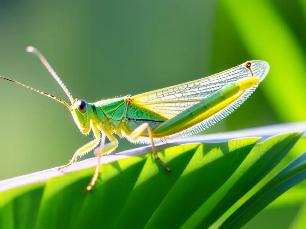 Captura de imágenes de insectos: Detalle de un saltamontes en una hoja, con la luz del sol iluminando sus alas y ojos compuestos