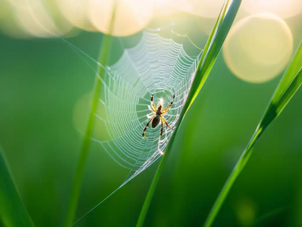 Cazadores microscópicos en el mundo insecto: intrincada telaraña entre hierbas, con una araña depredadora en su centro