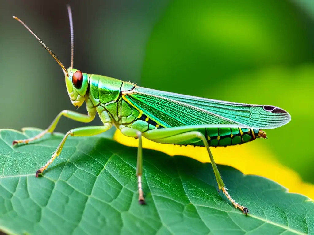 Un chapulín verde vibrante descansa en una hoja, mostrando su estructura detallada