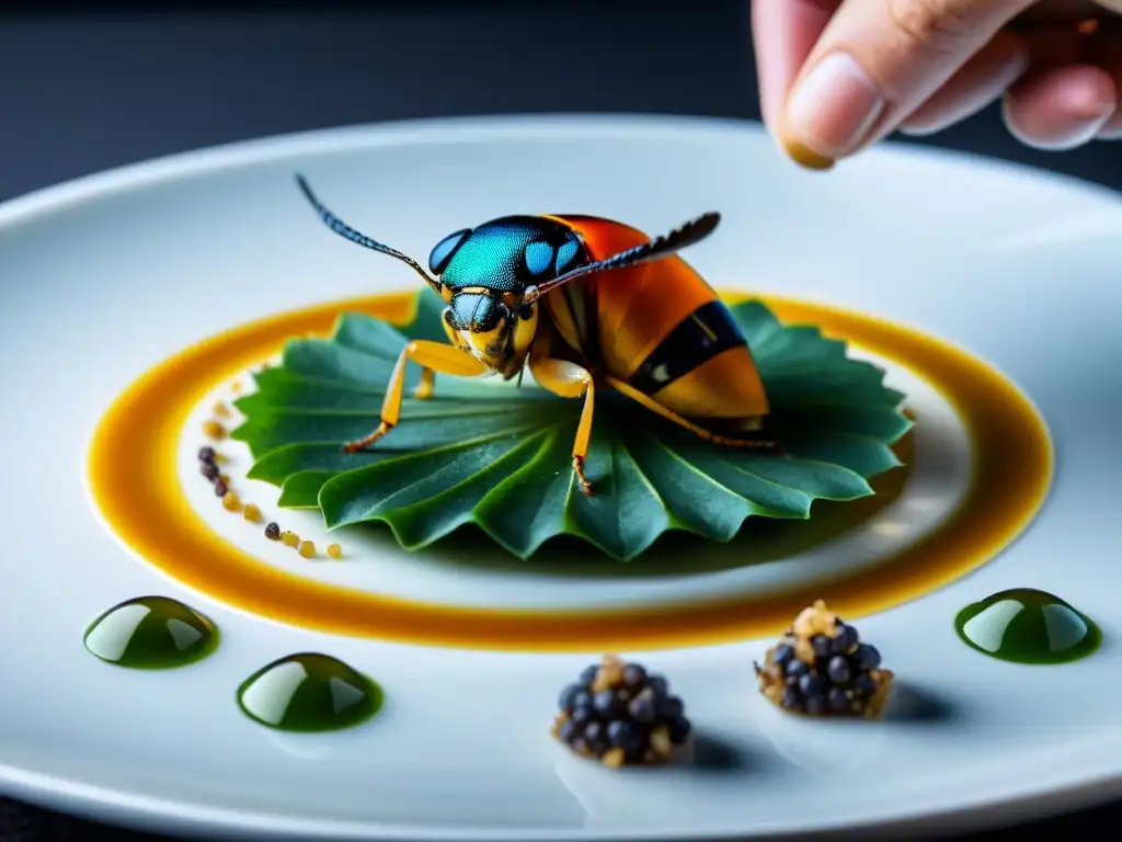 Un chef coloca con delicadeza insectos comestibles en un plato gourmet