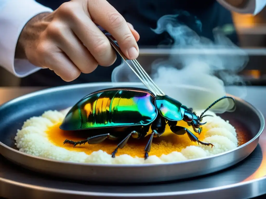 Un chef coloca con delicadeza un vibrante escarabajo en una sartén caliente mientras se aprecian los detalles de su exoesqueleto