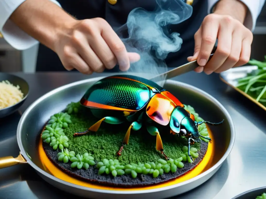 Un chef coloca con delicadeza un vibrante escarabajo en una sartén caliente, mostrando la precisión y arte de cocinar con insectos en gastronomía