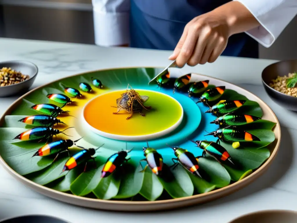 Un chef organiza con destreza una degustación de insectos comestibles en un elegante plato, resaltando sus colores y texturas únicas