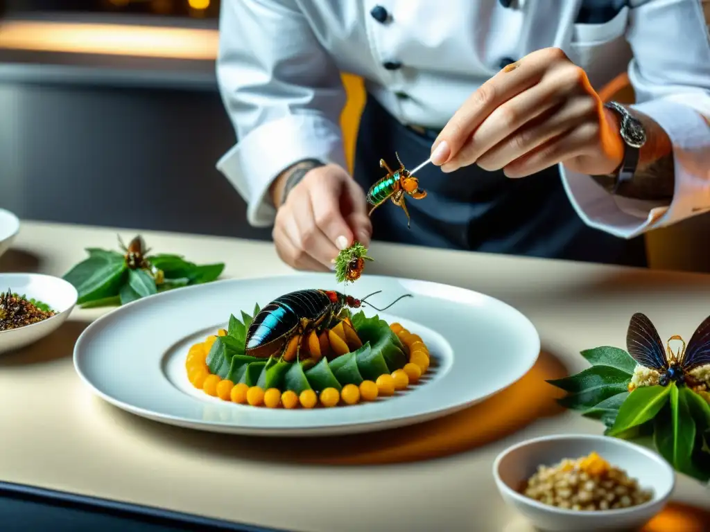 Un chef coloca con destreza un exquisito plato de insectos gourmet en una elegante mesa