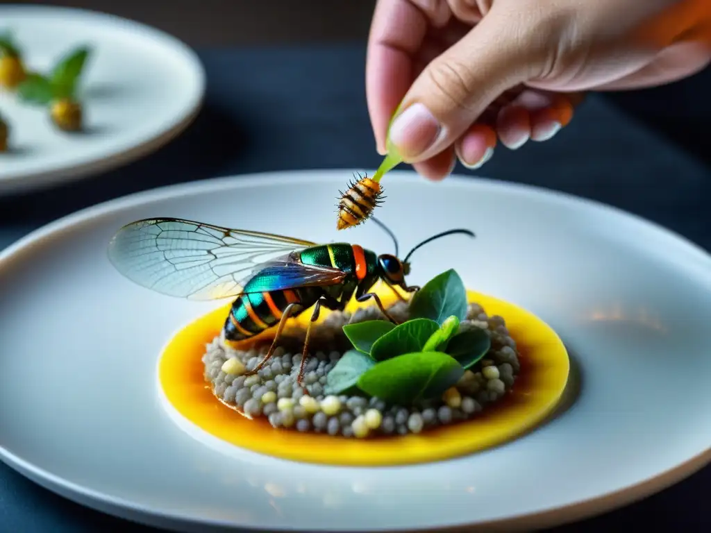 Un chef experto coloca con delicadeza un vibrante insecto comestible en un exquisito plato