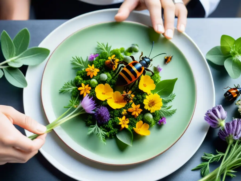 Un chef experto coloca flores comestibles y hierbas en un plato, junto a insectos comestibles, creando una obra de arte culinaria