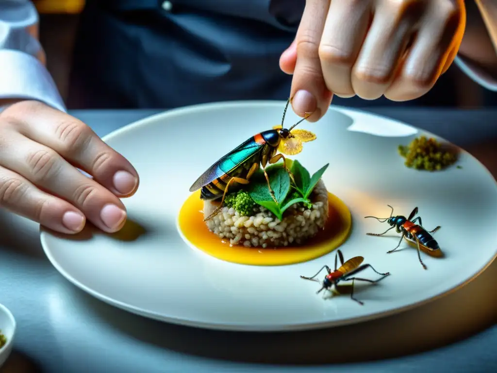 Un chef experto en insectos comestibles prepara un exquisito plato gourmet con movimientos precisos y elegantes