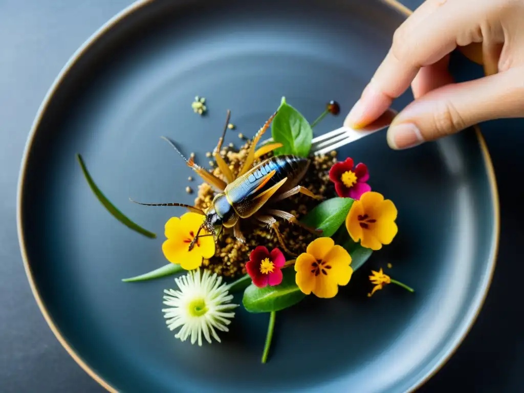 Un chef experto prepara insectos con maestría, creando una obra de arte culinaria