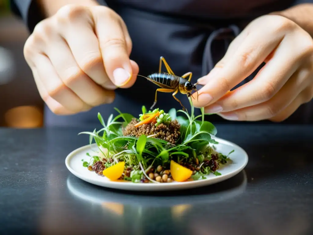 Un chef experto en la preparación de insectos para chefs crea un exquisito plato de saltamontes y gusanos sobre microgreens frescos