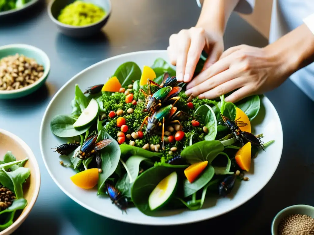 Un chef esparce cuidadosamente grillos sobre una ensalada verde, resaltando la meticulosidad y los beneficios de la entomofagia en dieta