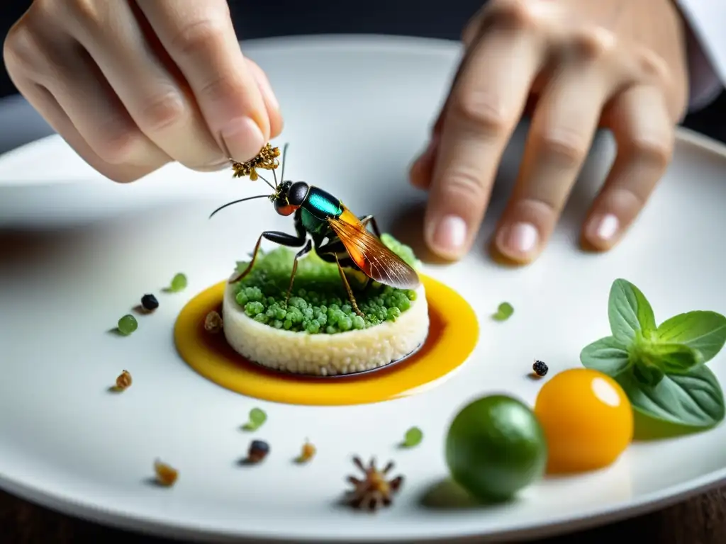 Un chef adorna un plato gourmet con insectos comestibles, destacando colores vibrantes y texturas intrincadas