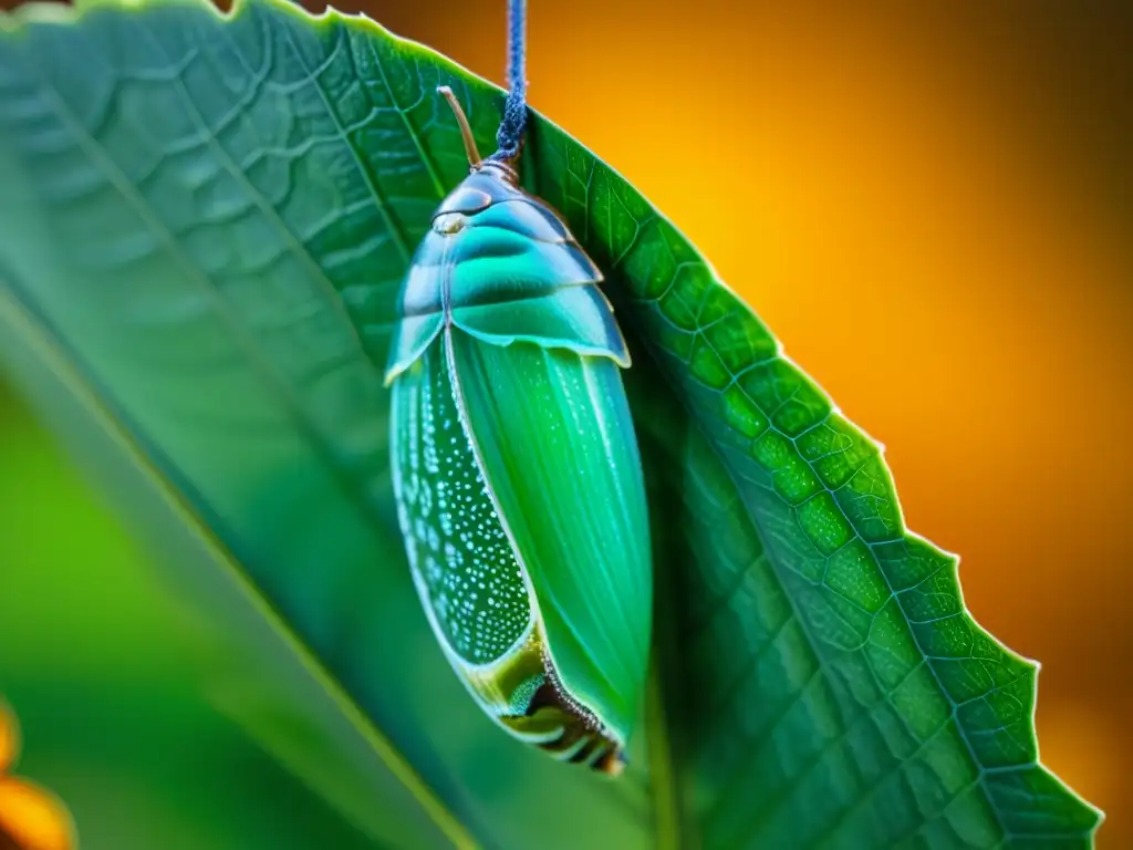 Chrysalis verde vibrante cuelga delicadamente de una hoja, con patrones e texturas visibles