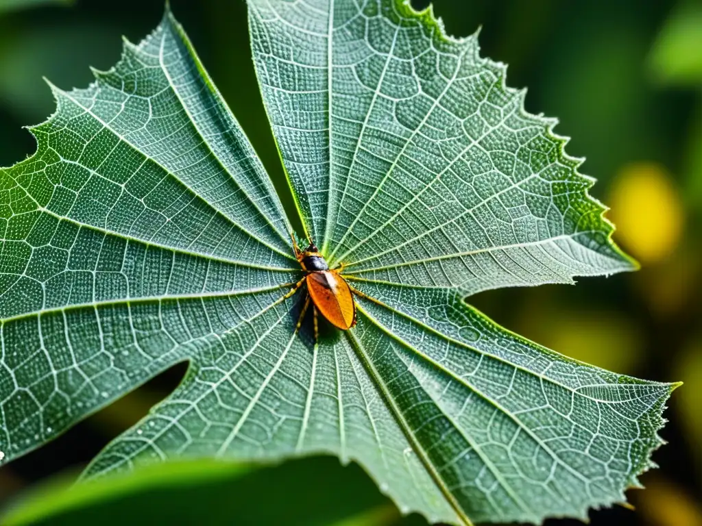 Vida en la hoja: insectos y telarañas Ciclo de vida de los insectos en ecosistemas: Hoja verde con telarañas delicadas y gotas de rocío, habitada por insectos coloridos