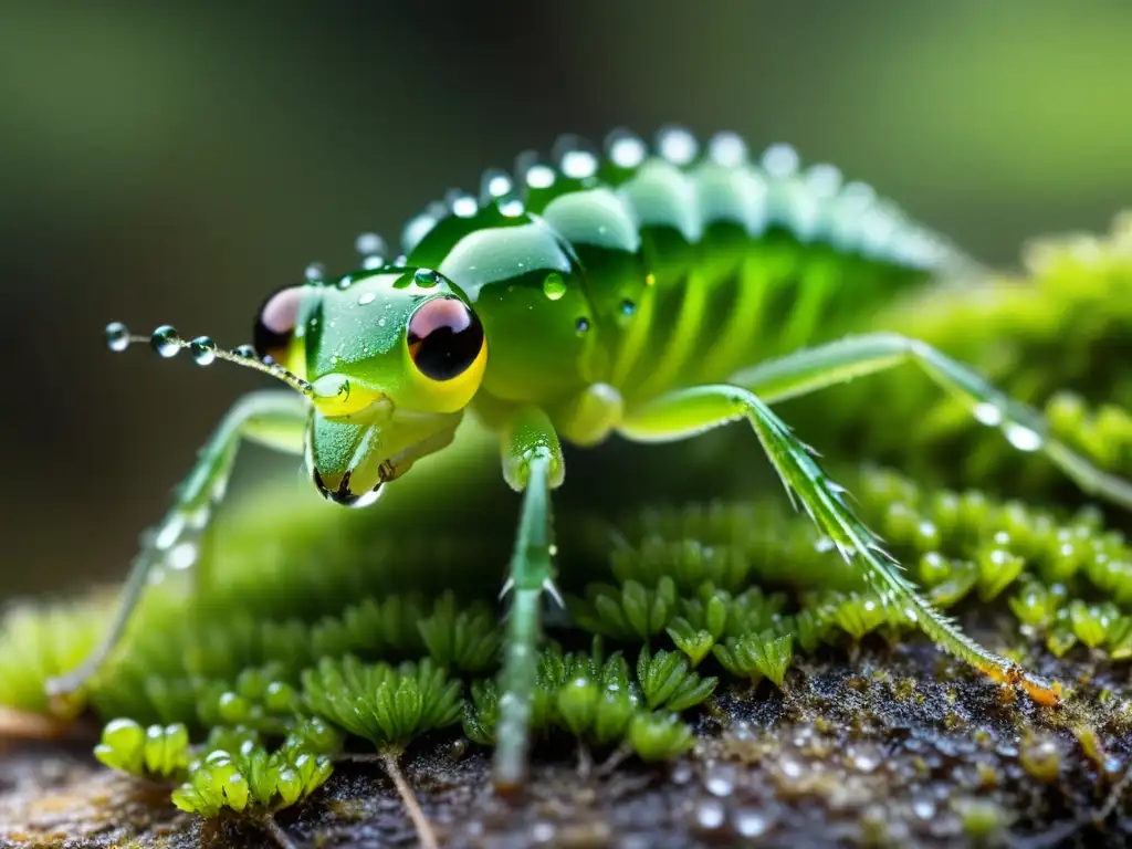 Un ciempiés vibrante se desliza sobre musgo verde, iluminado por el sol entre las hojas