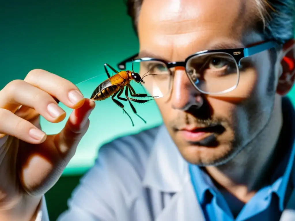 Un científico examina con cuidado un insecto bajo una lupa en un laboratorio