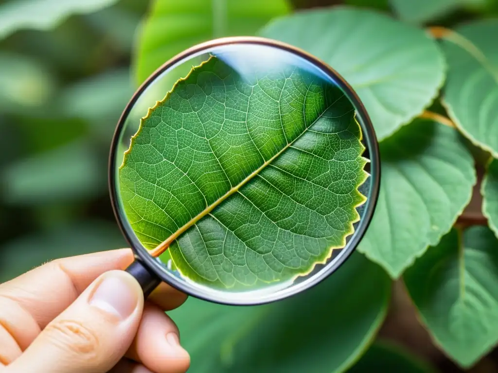 Un científico examina detenidamente una hoja con una lupa, revelando un mundo de insectos y patrones únicos