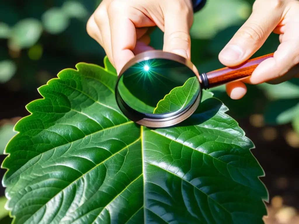 Un científico examina detalladamente una hoja verde con una lupa, descubriendo nuevas especies de insectos