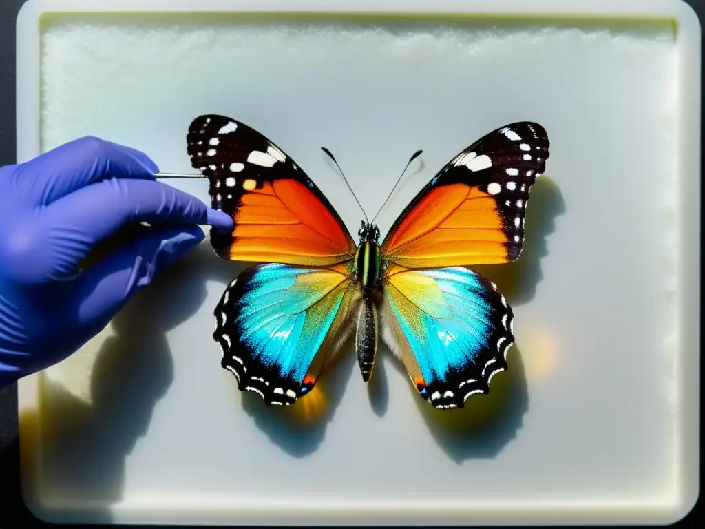 Un científico pincha con precisión una mariposa iridiscente en un tablero blanco, mostrando técnicas avanzadas conservación mariposas