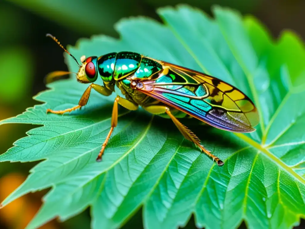 Una cigarra detallada en una hoja verde brillante, sus alas iridiscentes y venas detalladas, creando una melodía única