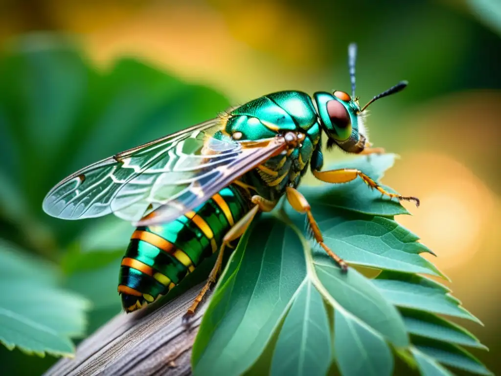 Una cigarras emeraldgreen canta en la rama mientras la luz del sol atraviesa sus alas