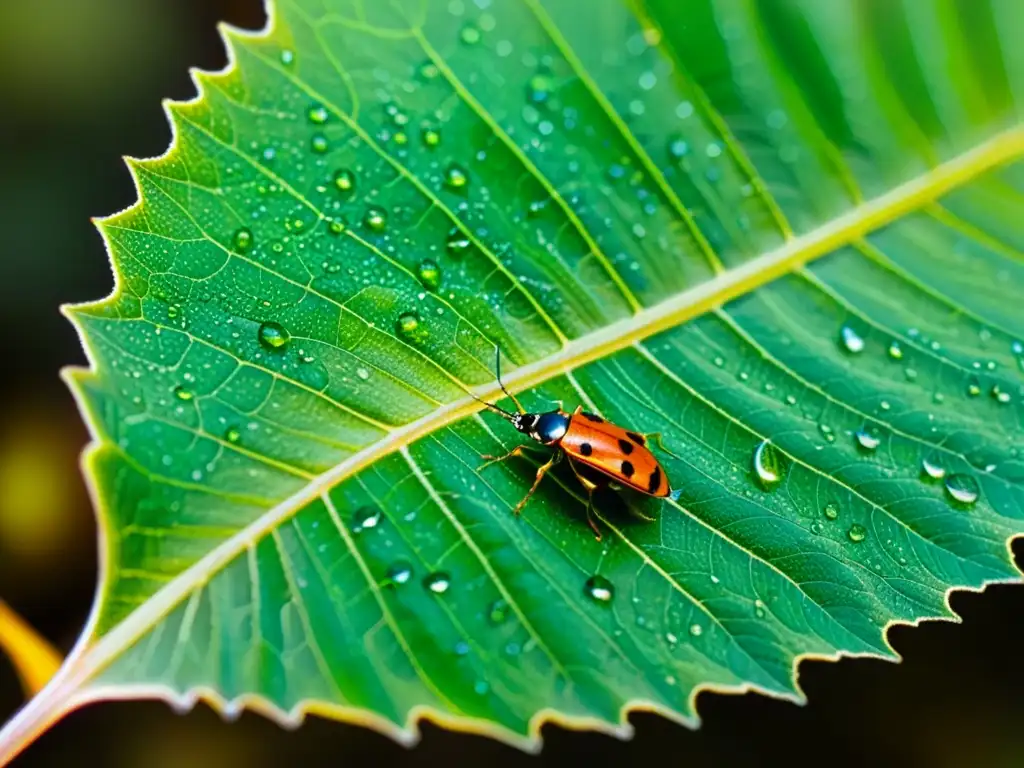 Close-up de hoja verde con insectos coloridos: importancia de los insectos en ecosistemas