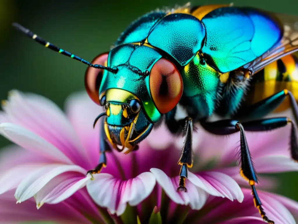 Closeup de insecto iridiscente en flor, capturando la belleza de la naturaleza