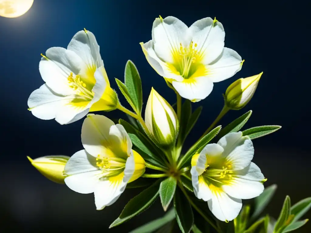 Cluster de flores blancas de Onagra (Oenothera biennis) bajo la luna, atrayendo polinizadores nocturnos en un escenario etéreo y fascinante