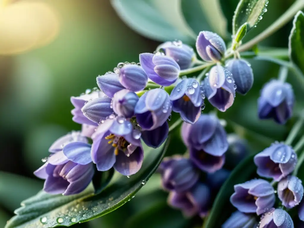 Cluster de flores de lavanda fresca con rocío, bañadas por la luz del sol