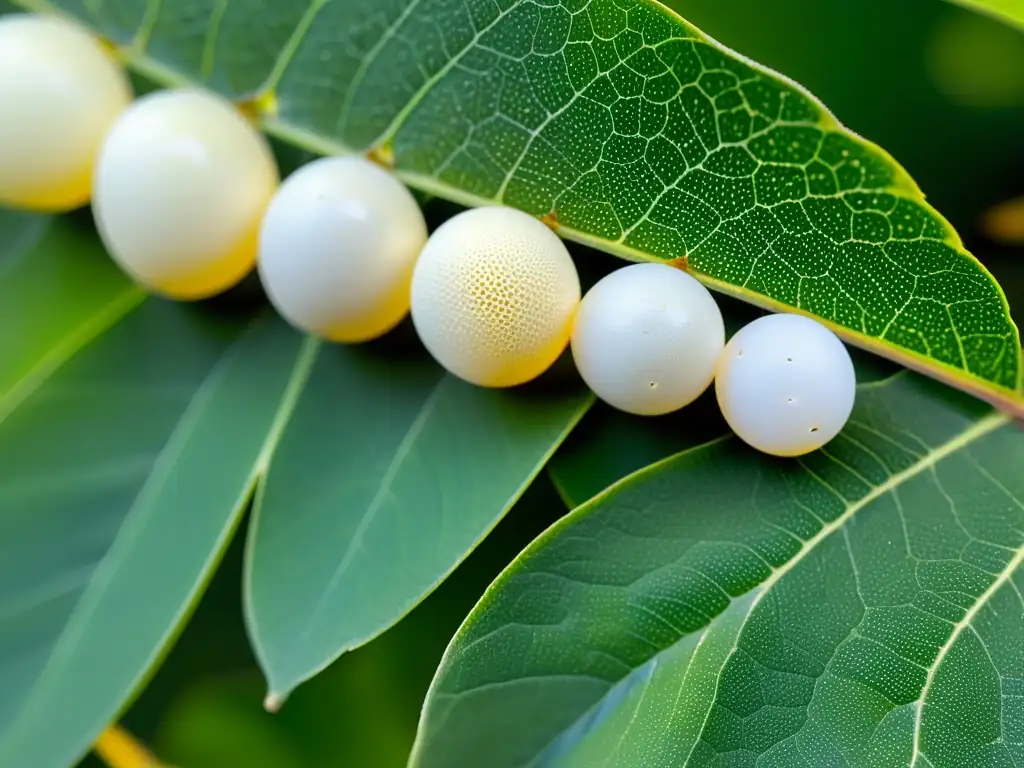 Cluster de huevos de insecto en hoja, detallando diversidad de formas y tamaños