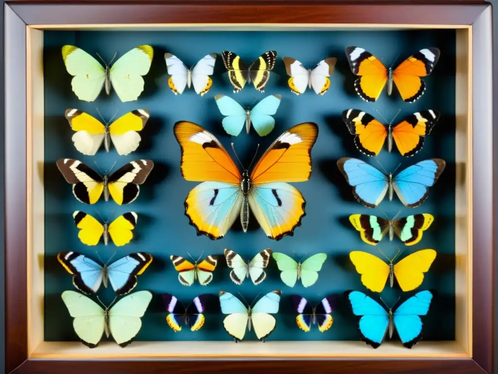 Una colección de mariposas meticulosamente exhibida en un estuche de madera, resaltando la importancia de coleccionistas de insectos