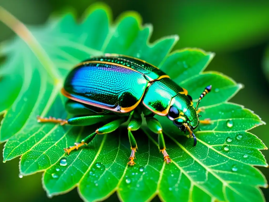 Coleccionismo de insectos para principiantes: Detalle de un escarabajo escarabajo metálico verde sobre una hoja con gotas de rocío iridiscentes