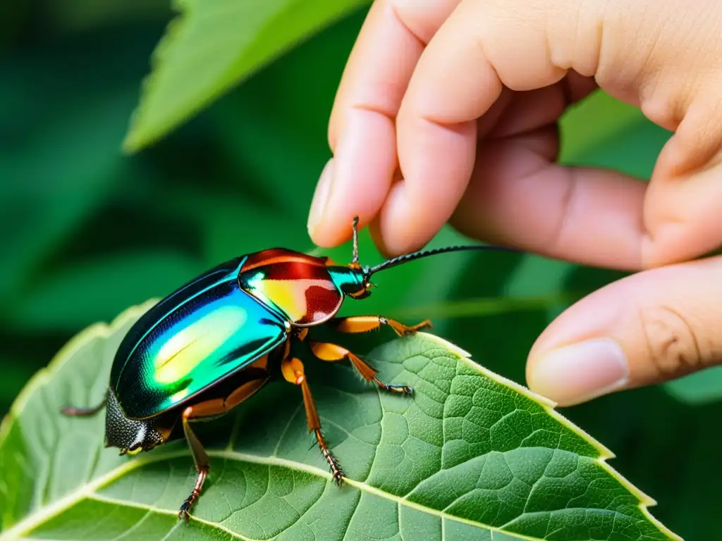 Un coleccionista levanta con cuidado un escarabajo iridiscente de una hoja, practicando el colección ético de insectos sin dañar