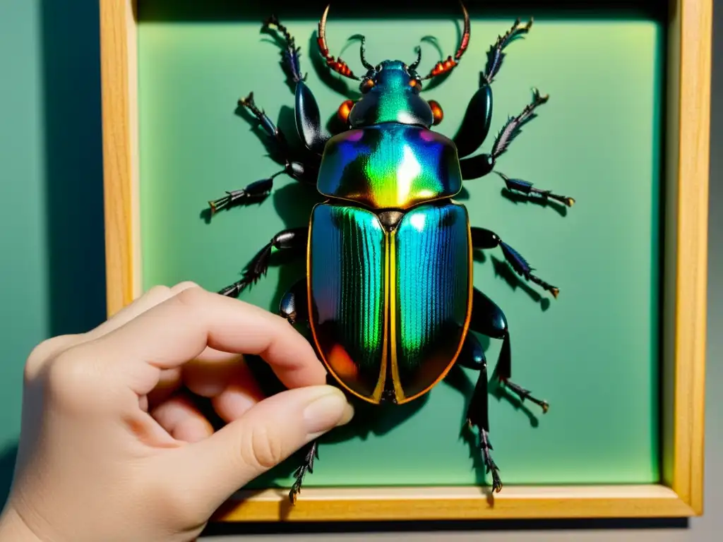 Un coleccionista de insectos pincha con cuidado un raro escarabajo iridiscente en un tablero, mostrando su exoesqueleto detallado