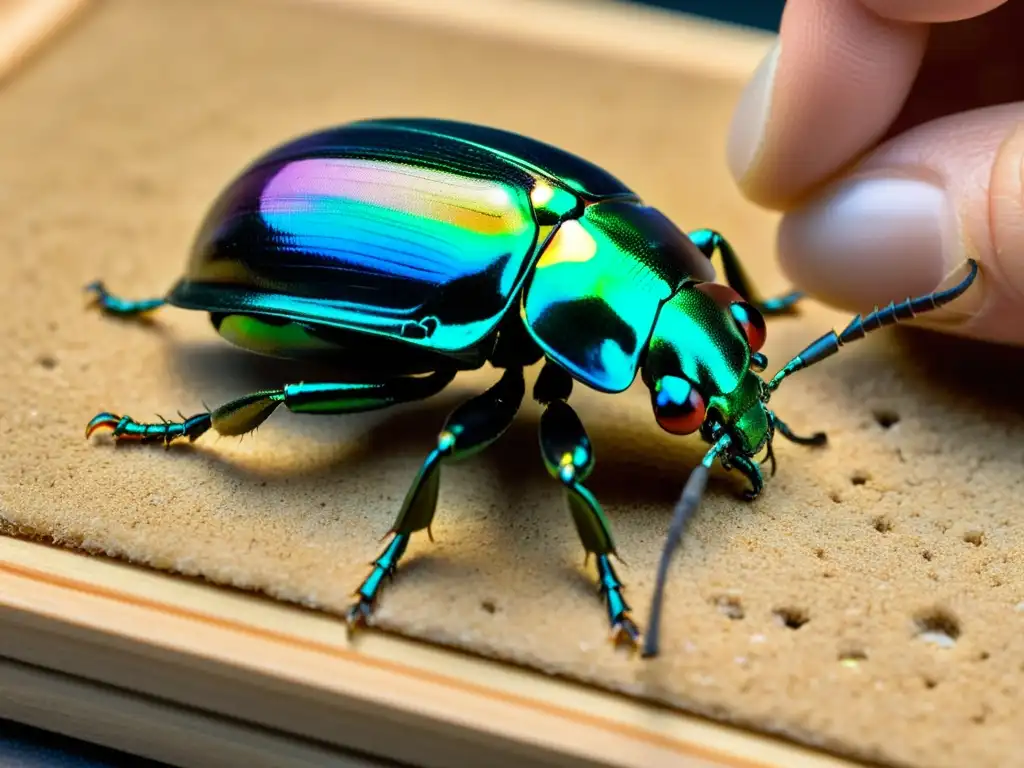 Un coleccionista de insectos cuidadosamente fija un escarabajo iridiscente recién descubierto en un tablero de corcho, destacando la importancia de coleccionistas de insectos en la preservación y estudio de estas criaturas delicadas