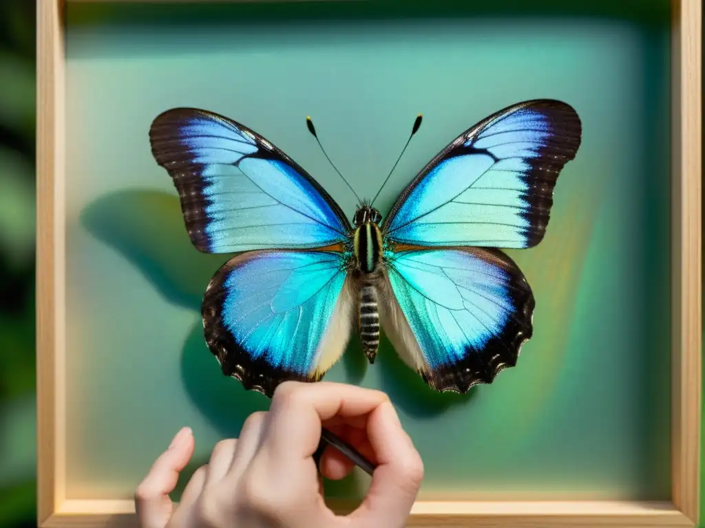 Un coleccionista de insectos experto pincha con cuidado una mariposa iridiscente rara, destacando la importancia de los coleccionistas de insectos