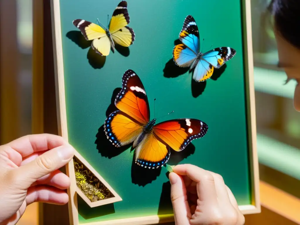 Un coleccionista de insectos cuidadosamente fija una mariposa rara y vibrante, resaltando la importancia de coleccionistas de insectos