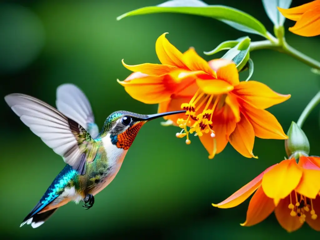 Un colibrí iridiscente delicadamente libando néctar de una brillante flor naranja