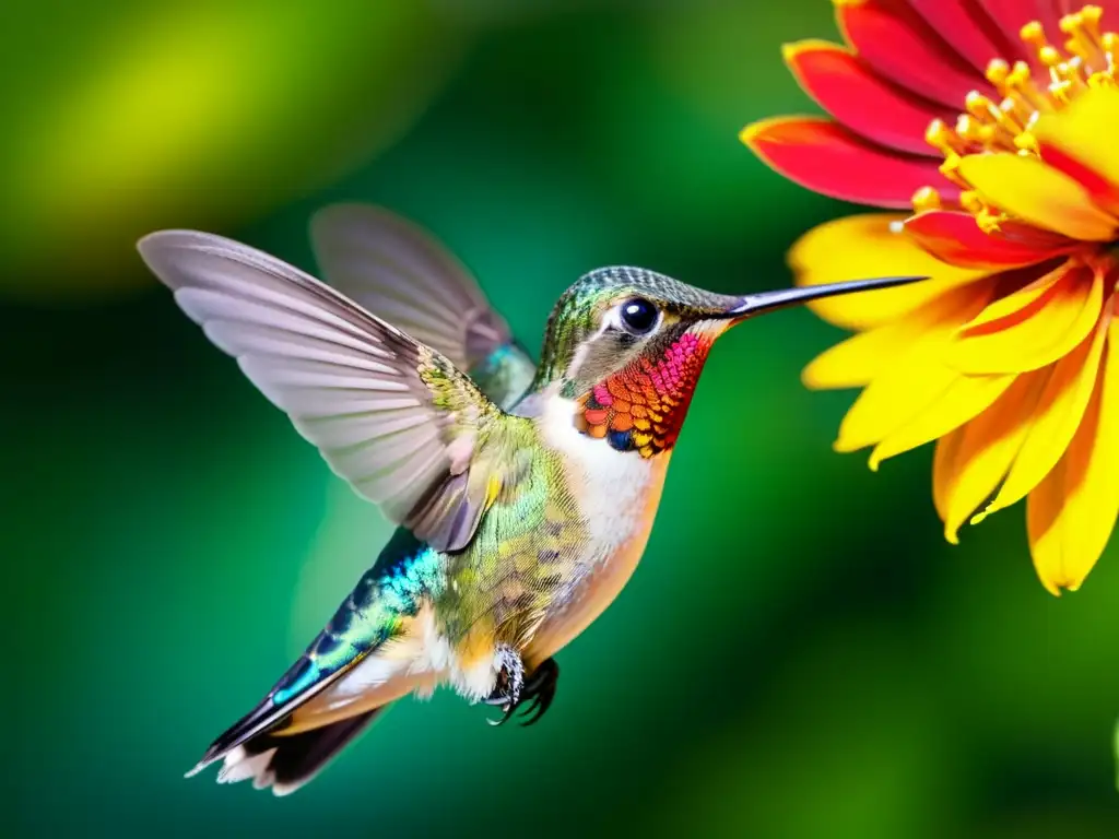 Un colibrí vibrante se alimenta de una flor roja y amarilla