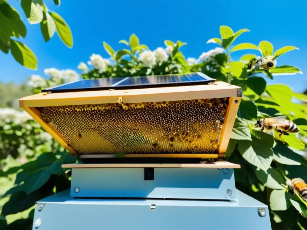 Colmena de alta tecnología monitorea salud de abejas en jardín floreciente y cielo azul