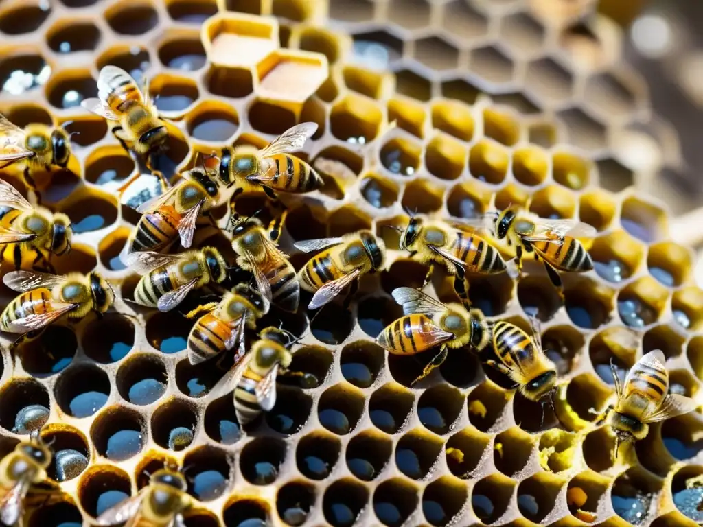 Una colmena bulliciosa con abejas obreras llevando polen y néctar