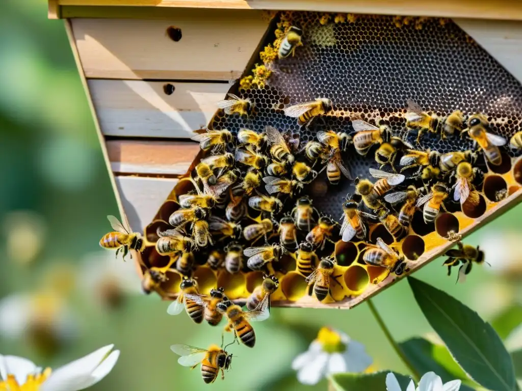 Una colmena bulliciosa con abejas recolectando néctar y polen de flores cercanas