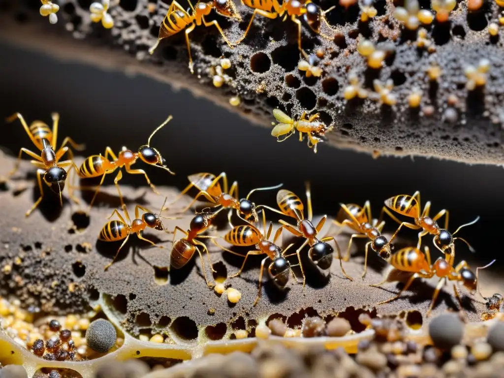 Una colmena de hormigas trabajadoras cuidando a la reina y las larvas