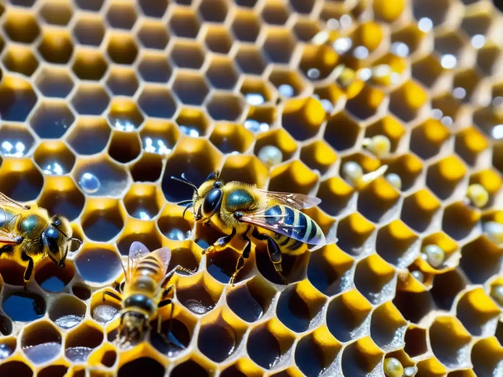 Colmena de meliponicultura vibrante y bulliciosa, con abejas sin aguijón iridiscentes trabajando diligentemente en panales hexagonales