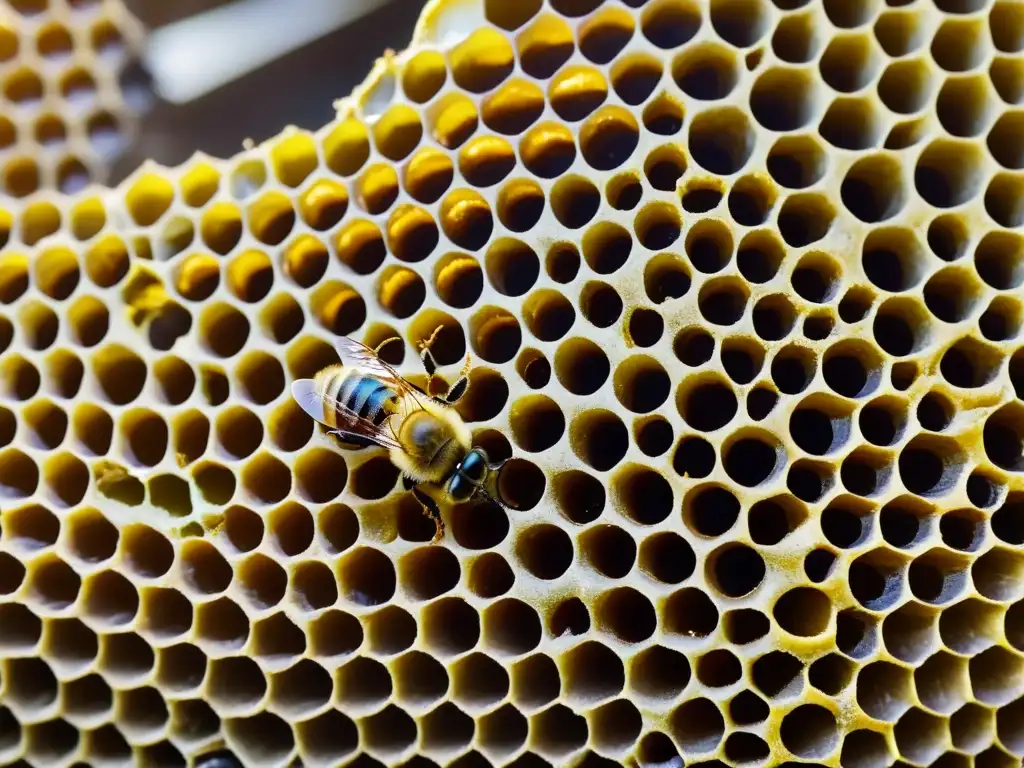 Una colmena de meliponicultura rebosante de vida y miel dorada, resplandeciendo bajo la cálido luz natural