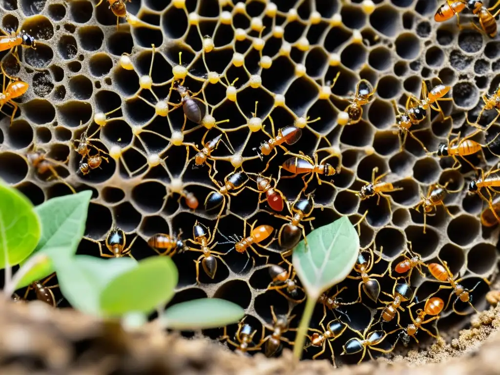 Una colonia de hormigas bulliciosa con túneles y cámaras visibles bajo tierra