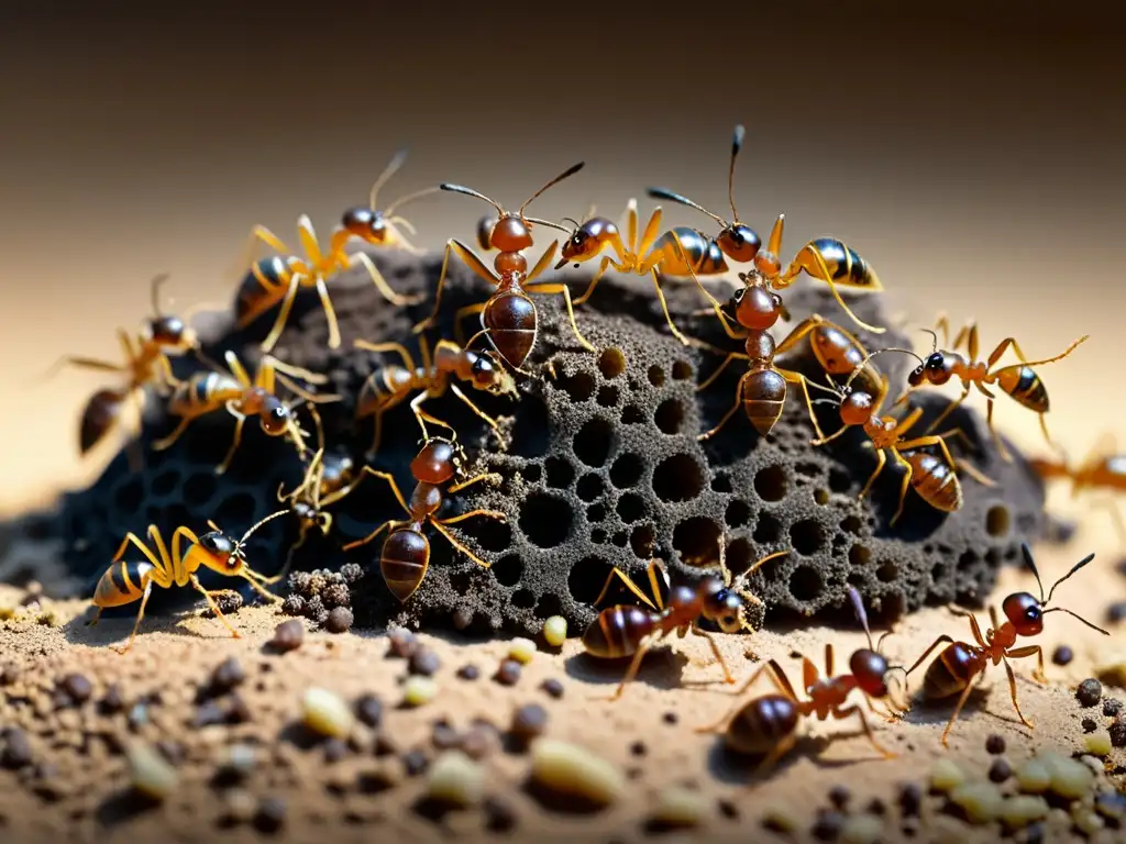 Una colonia de hormigas colorida y detallada, con hormigas moviéndose activamente y llevando comida y larvas